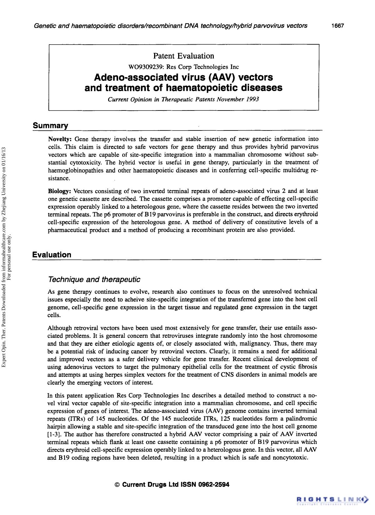 Patent Evaluation: Adeno-associated virus (AAV) vectors and treatment of haematopoietic diseases by Unknown