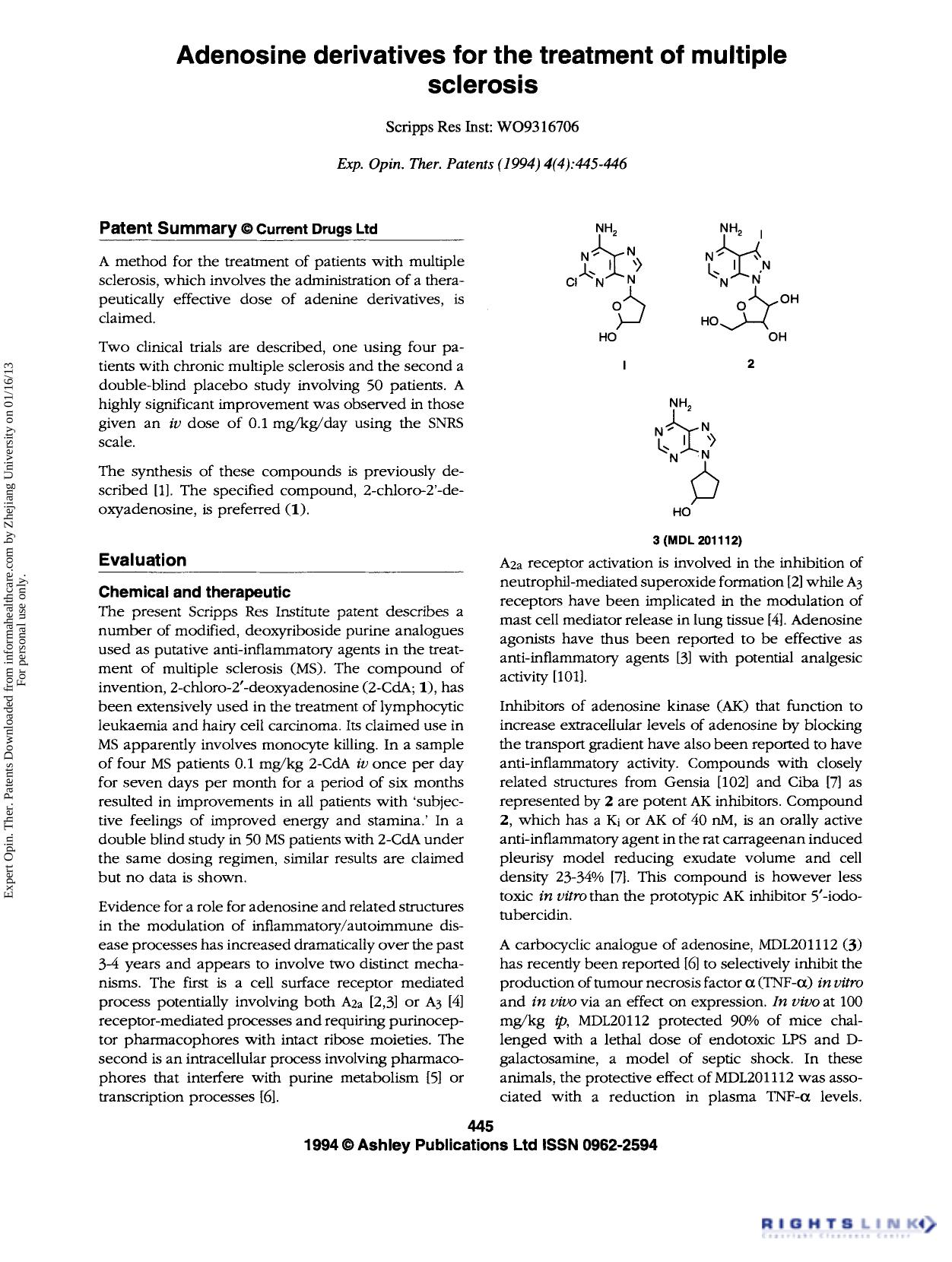 Patent Evaluation: Adenosine derivatives for the treatment of multiple sclerosis by Unknown