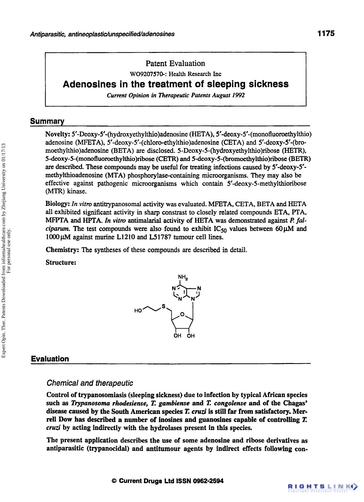 Patent Evaluation: Adenosines in the Treatment of Sleeping Sickness by Unknown