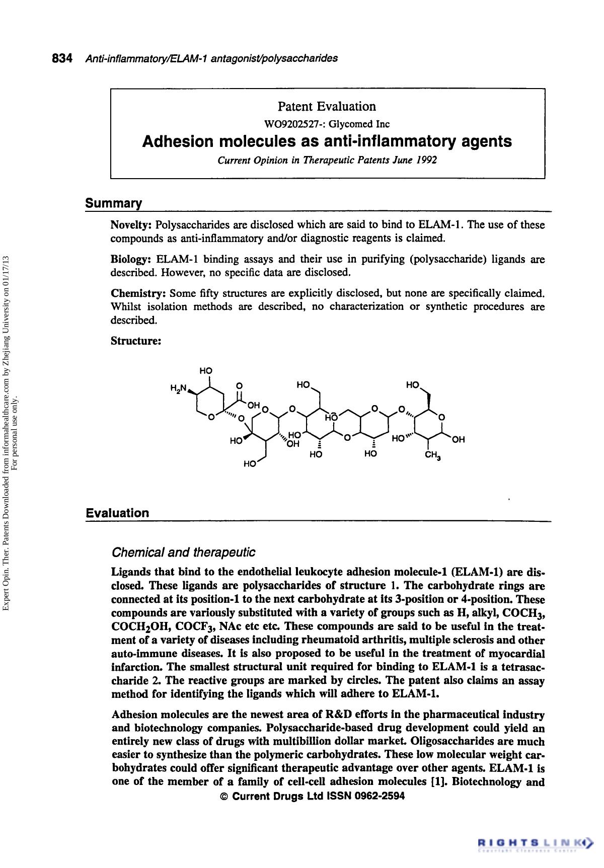 Patent Evaluation: Adhesion Molecules as Anti-Inflammatory Agents by Unknown