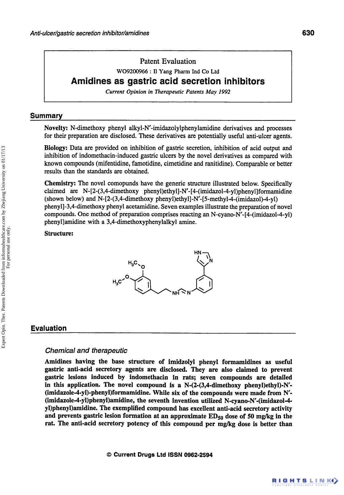 Patent Evaluation: Amidines as Gastric Acid Secretion Inhibitors by Unknown