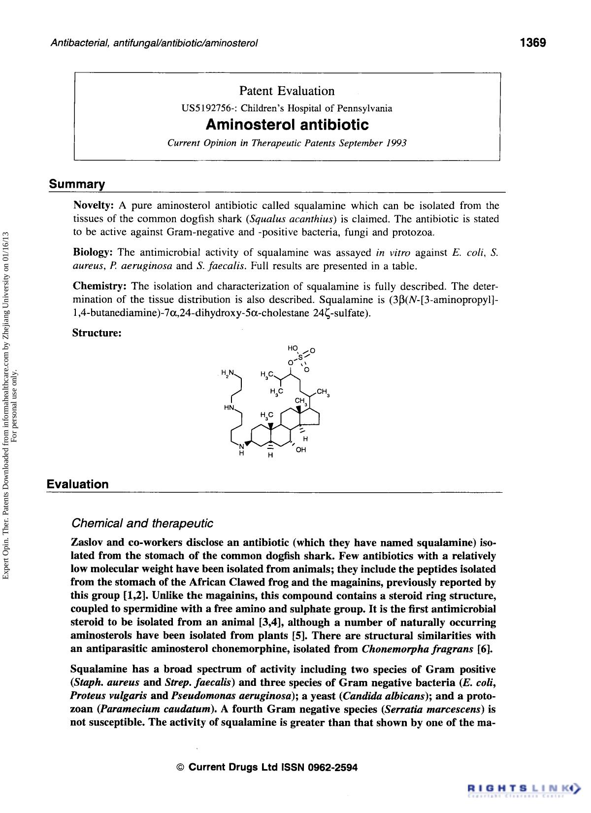 Patent Evaluation: Aminosterol antibiotic by Unknown
