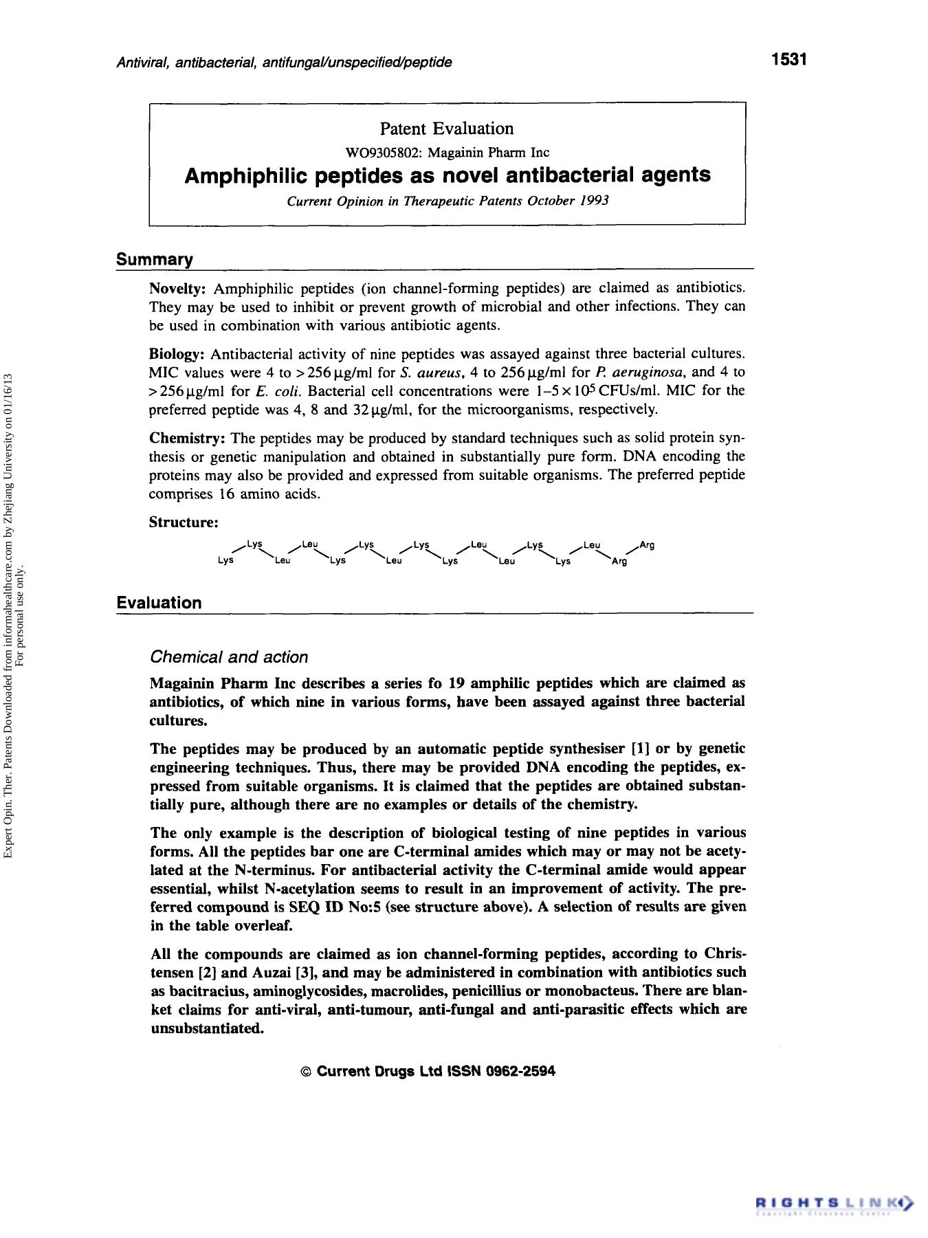 Patent Evaluation: Amphiphilic peptides as novel antibacterial agents by Unknown