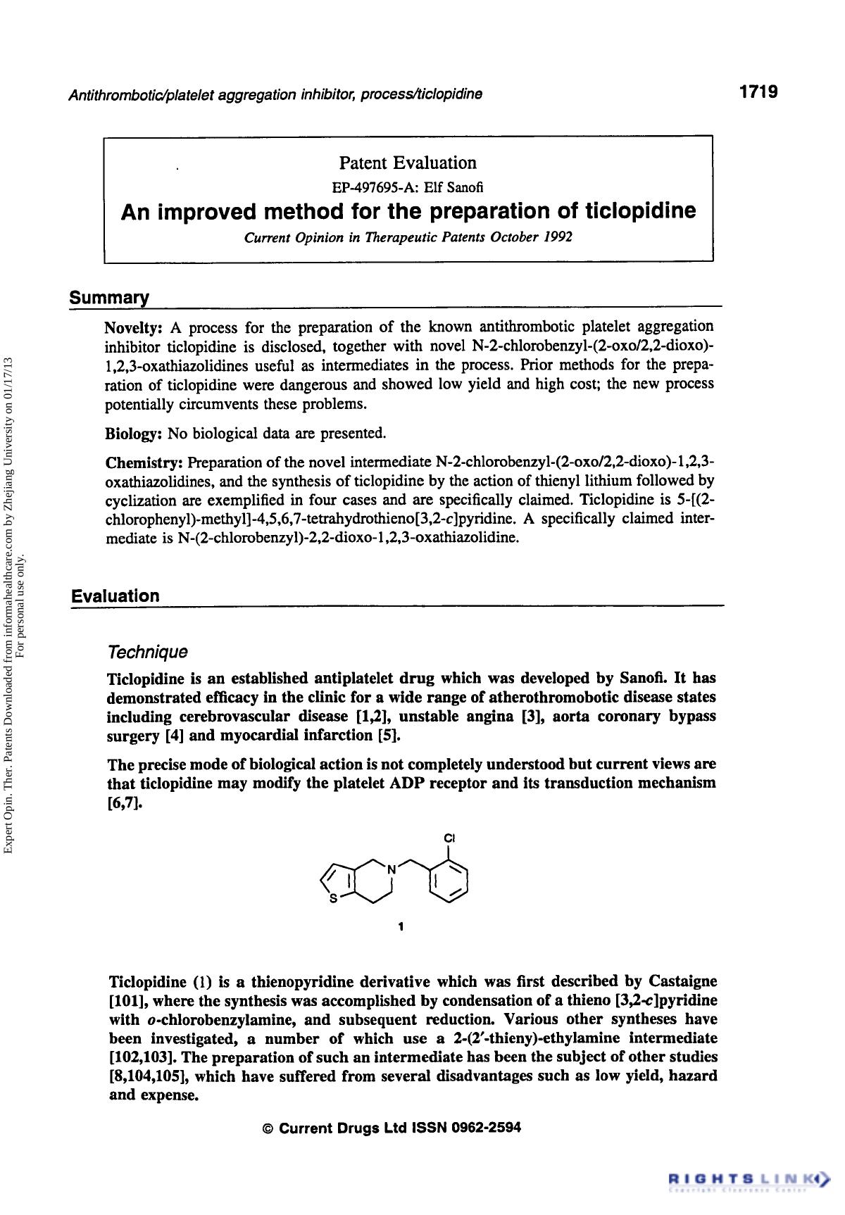 Patent Evaluation: An Improved Method for the Preparation of Ticlopidine by Unknown