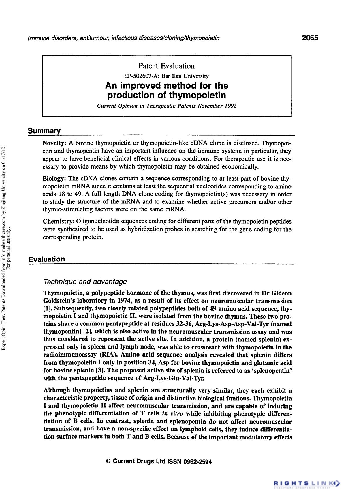 Patent Evaluation: An Improved Method for the Production of Thymopoietin by Unknown