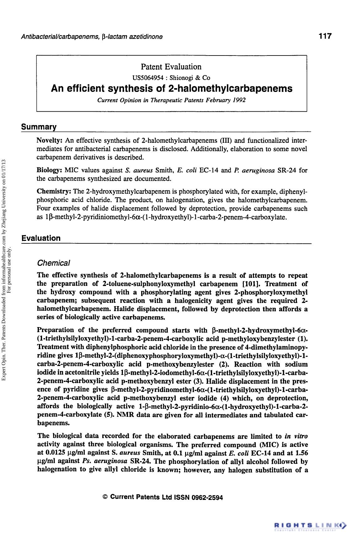 Patent Evaluation: An efficient synthesis of 2-halomethylcarbapenems by Unknown