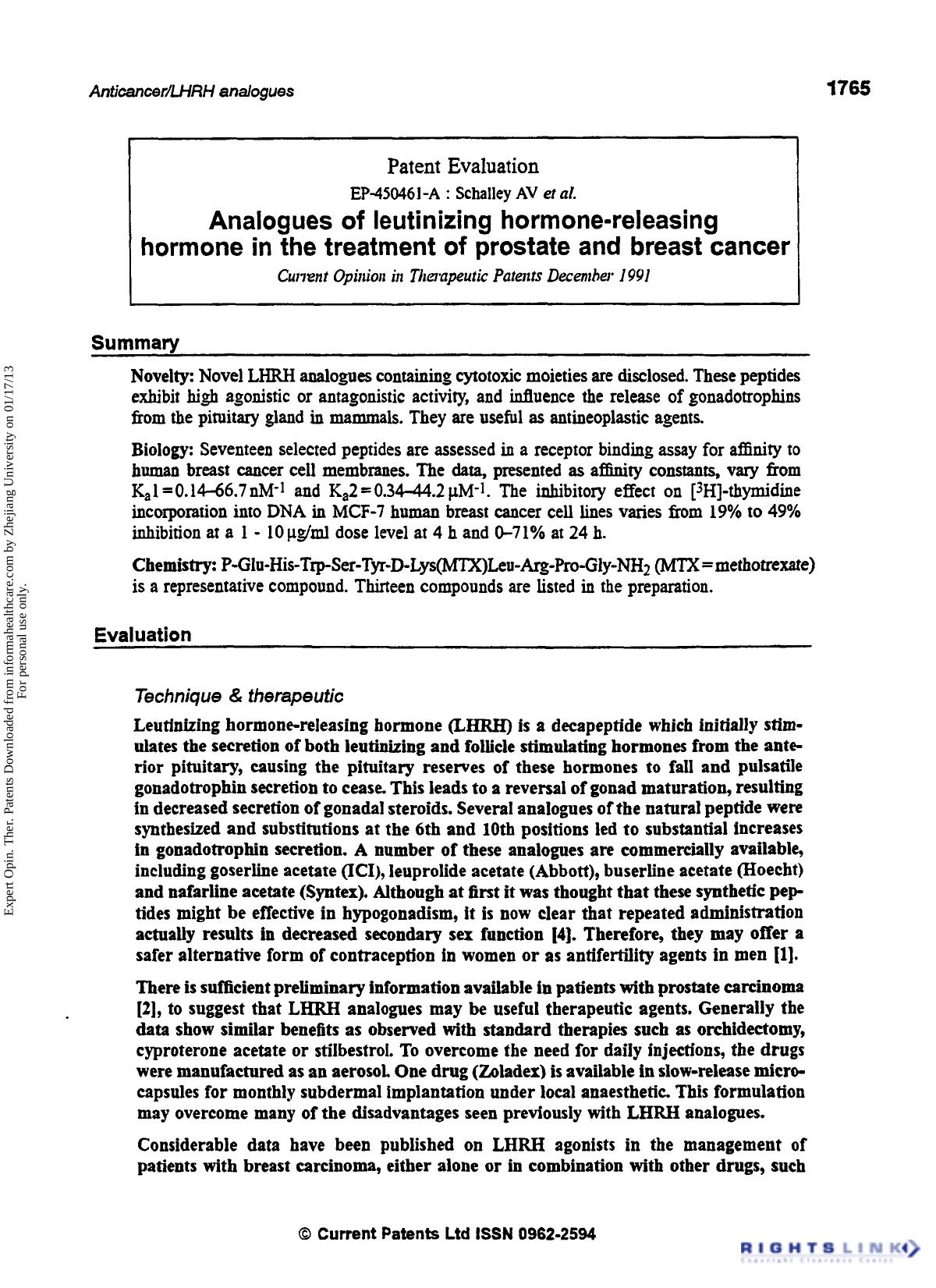 Patent Evaluation: Analogues of Leutinizing Hormone-Releasing Hormone in the Treatment of Prostate and Breast Cancer by Unknown