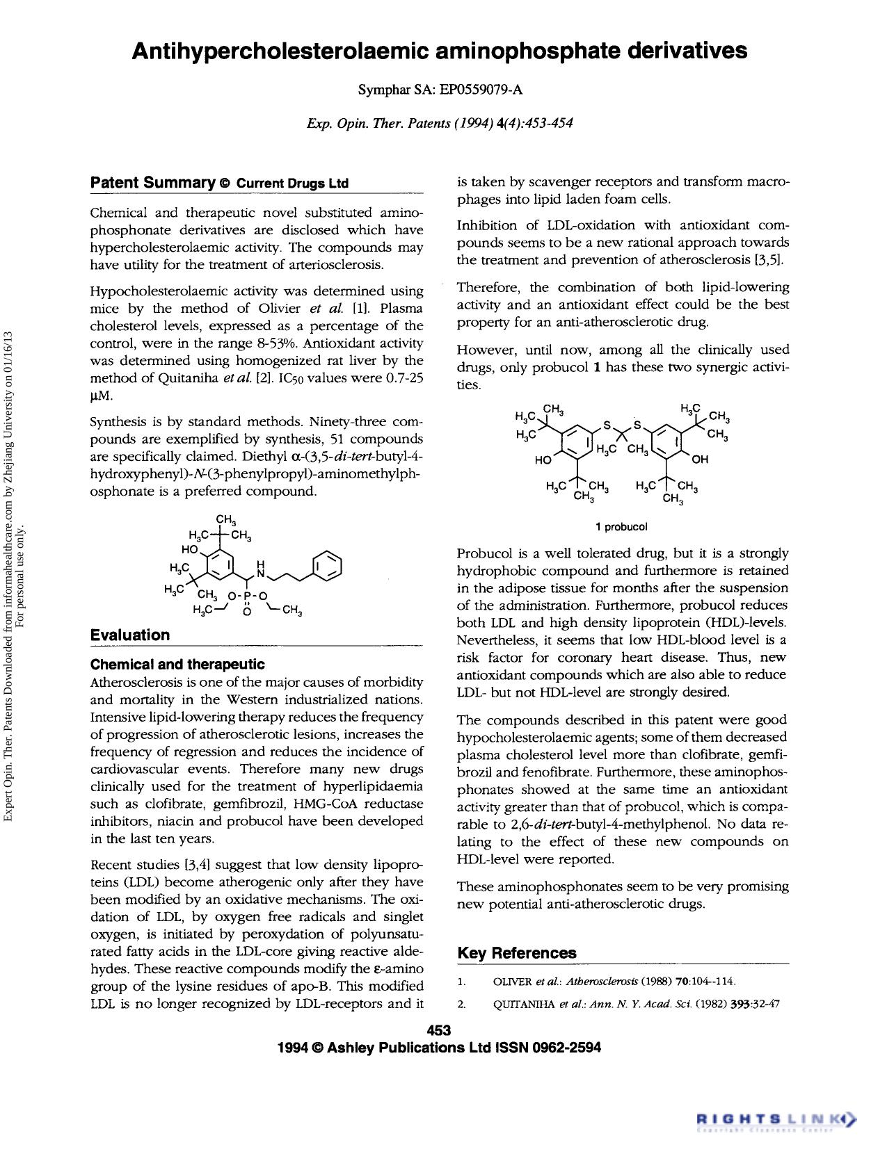 Patent Evaluation: Anti hypercholesterolaemic aminophosphate derivatives by Unknown