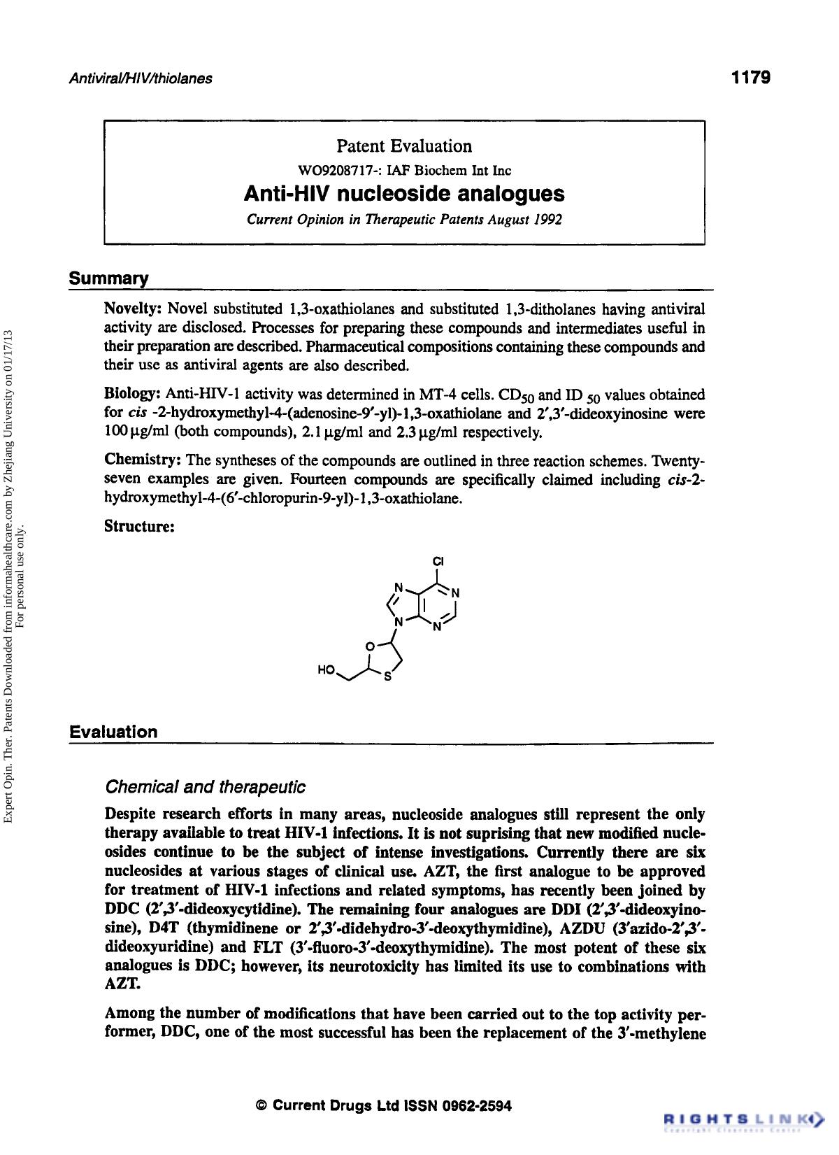 Patent Evaluation: Anti-HIV Nucleoside Analogues by Unknown