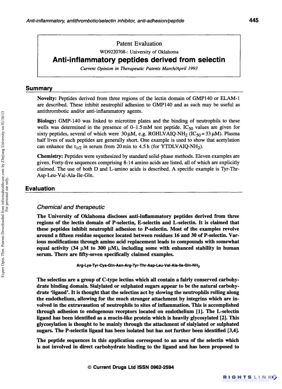Patent Evaluation: Anti-inflammatory peptides derived from selectin by Unknown