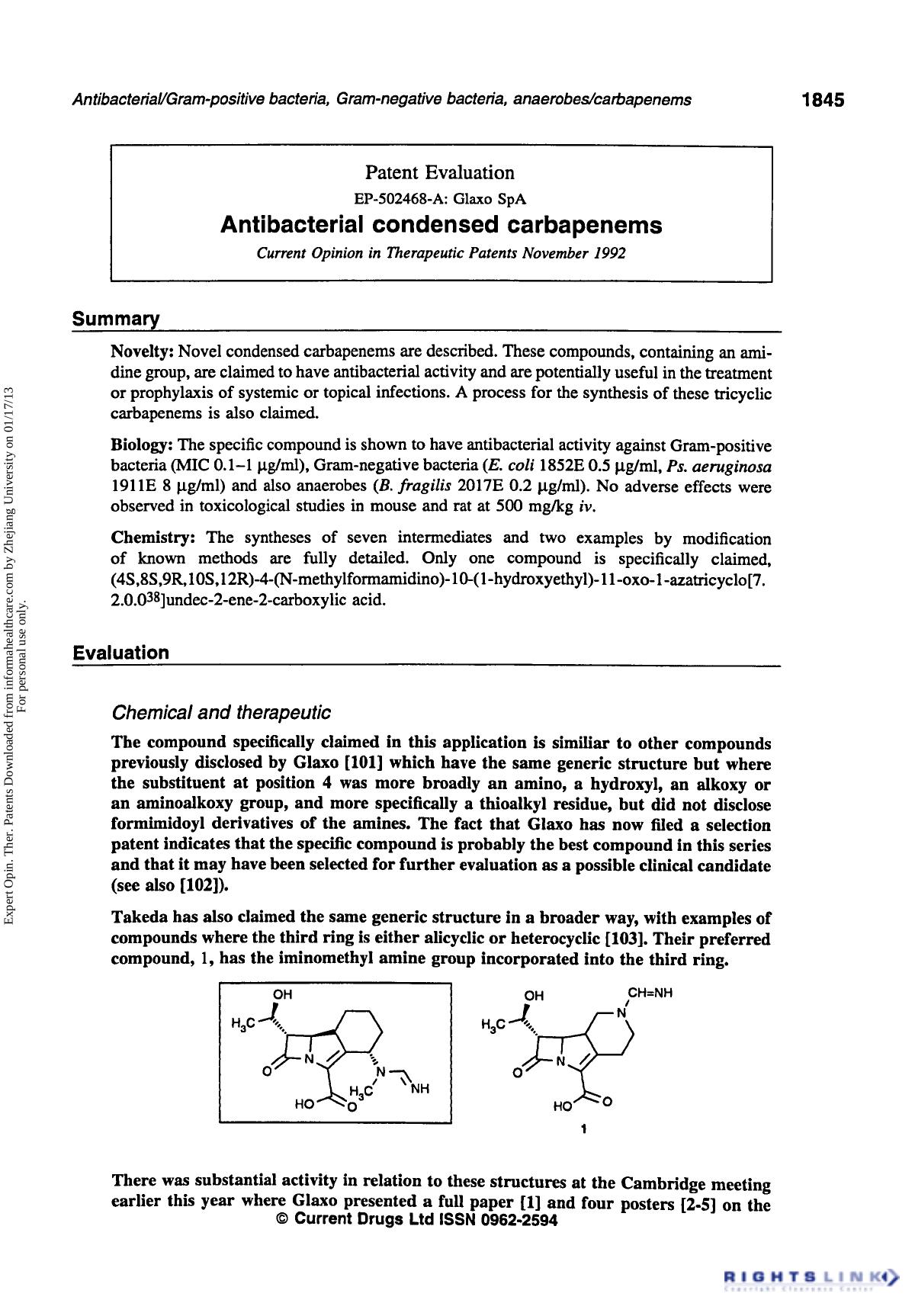 Patent Evaluation: Antibacterial Condensed Carbapenems by Unknown