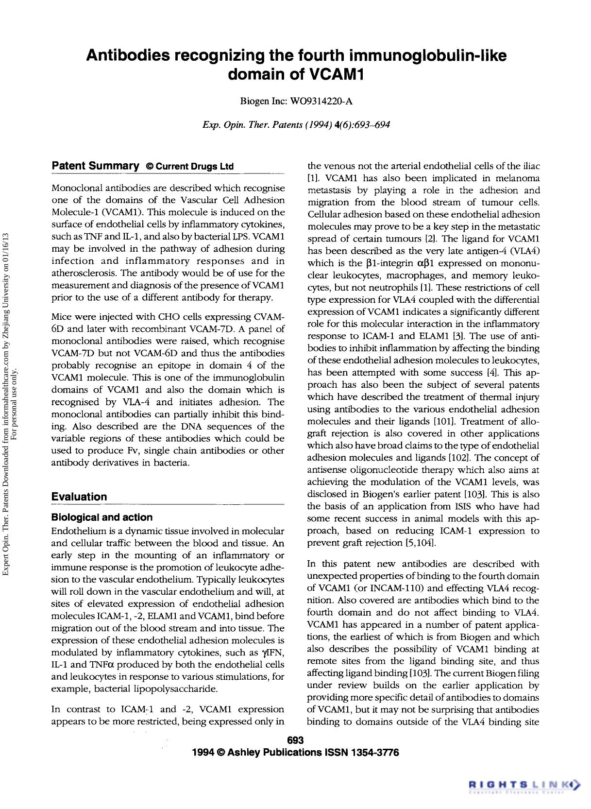Patent Evaluation: Antibodies recognizing the fourth immunoglobulin-like domain of VCAM1 by Unknown