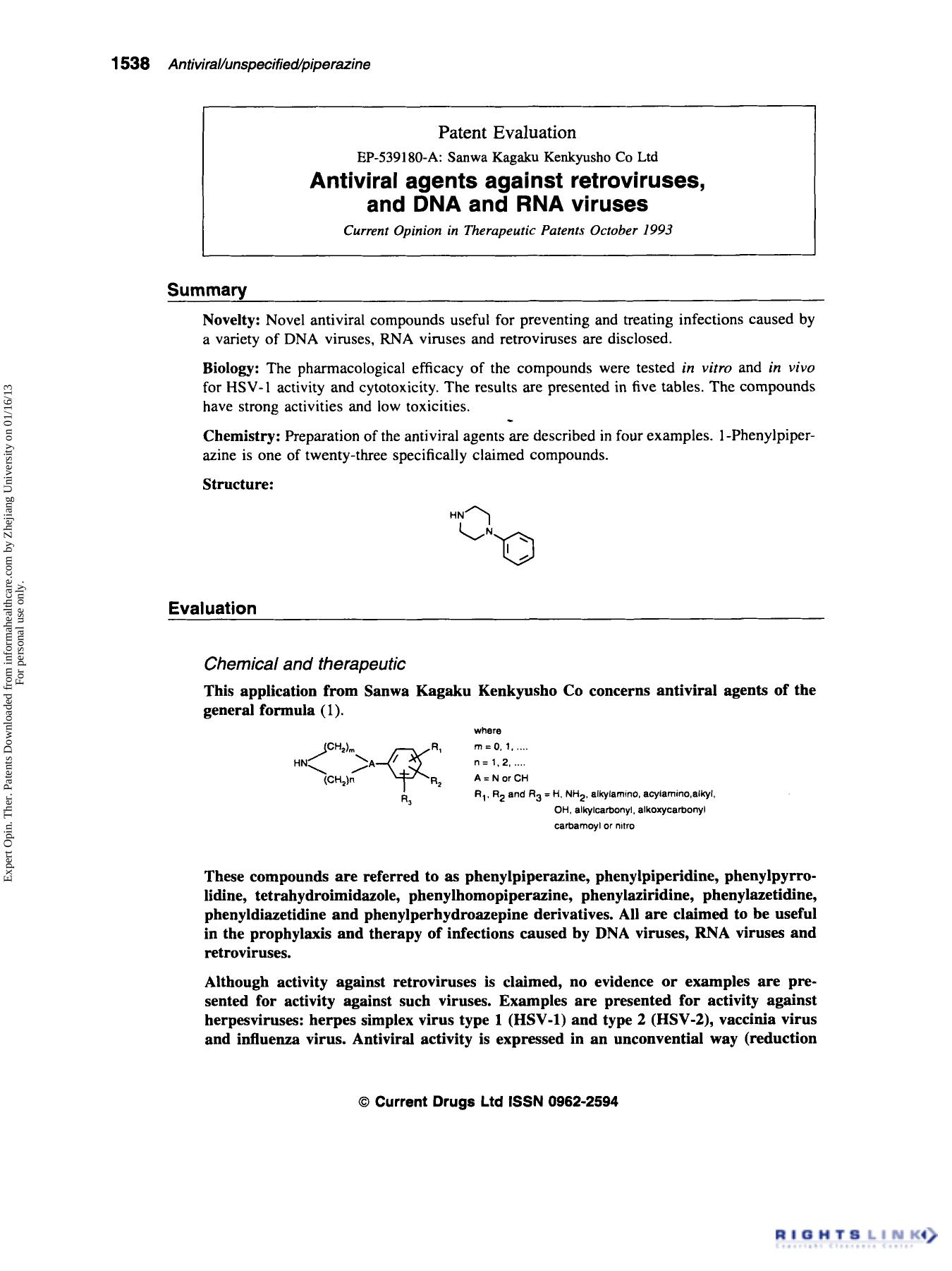 Patent Evaluation: Antiviral agents against retroviruses, and DNA and RNA viruses by Unknown