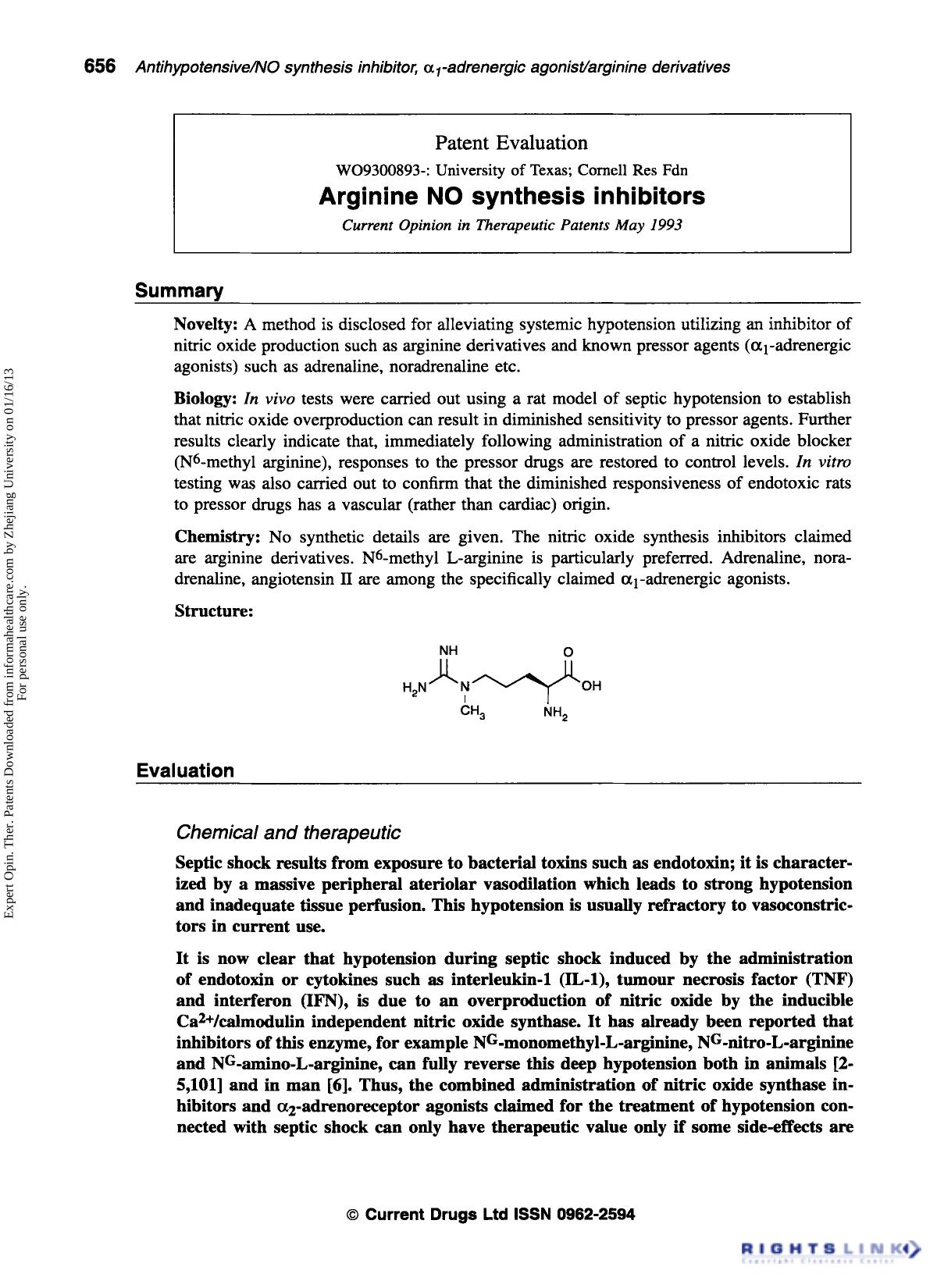 Patent Evaluation: Arginine NO synthesis inhibitors by Unknown
