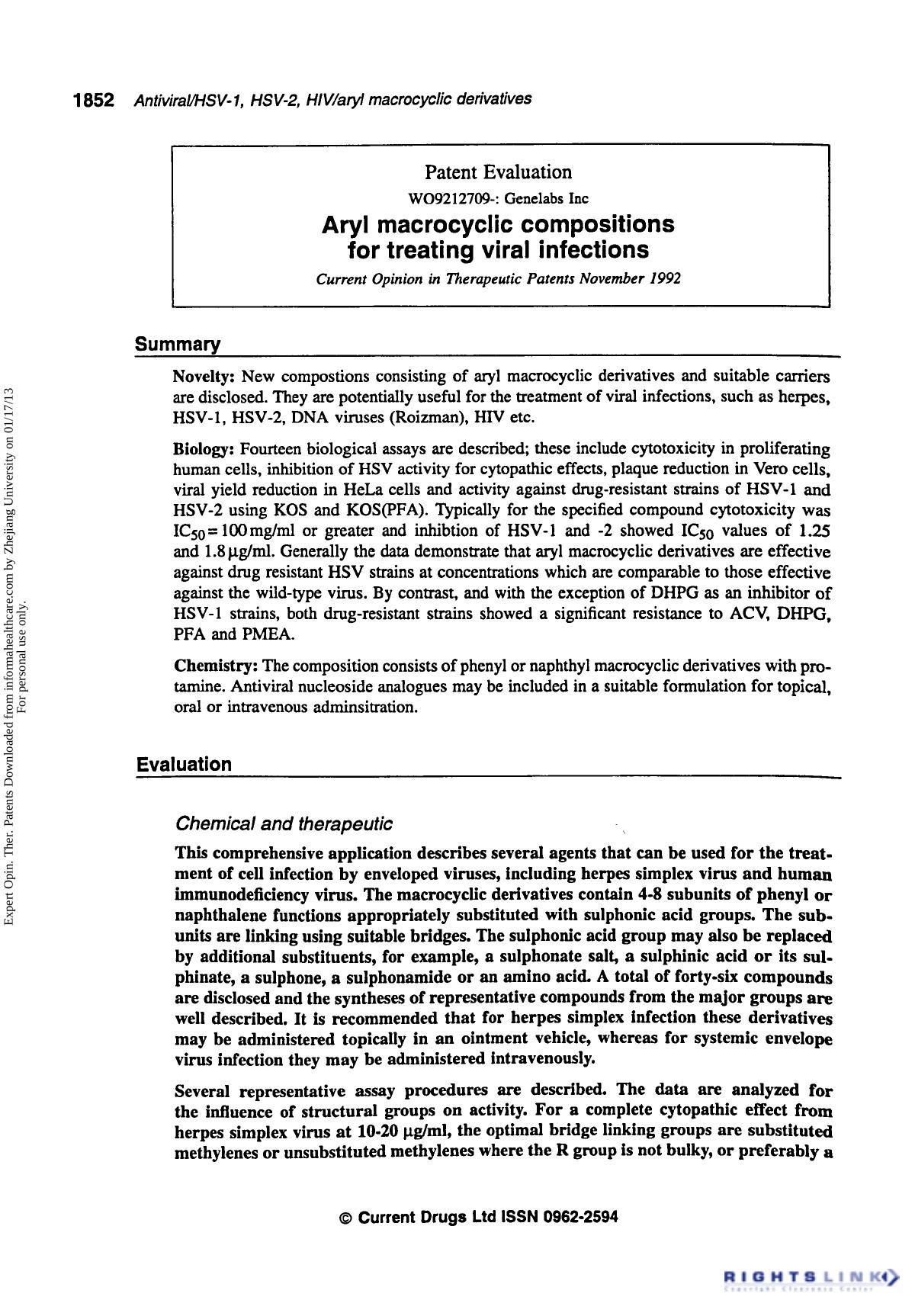 Patent Evaluation: Aryl Macrocyclic Compositions for Treating Viral Infections by Unknown