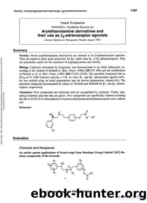 Patent Evaluation: Arylethanolamine derivatives and their use as Î²3-adrenoceptor agonists by Unknown