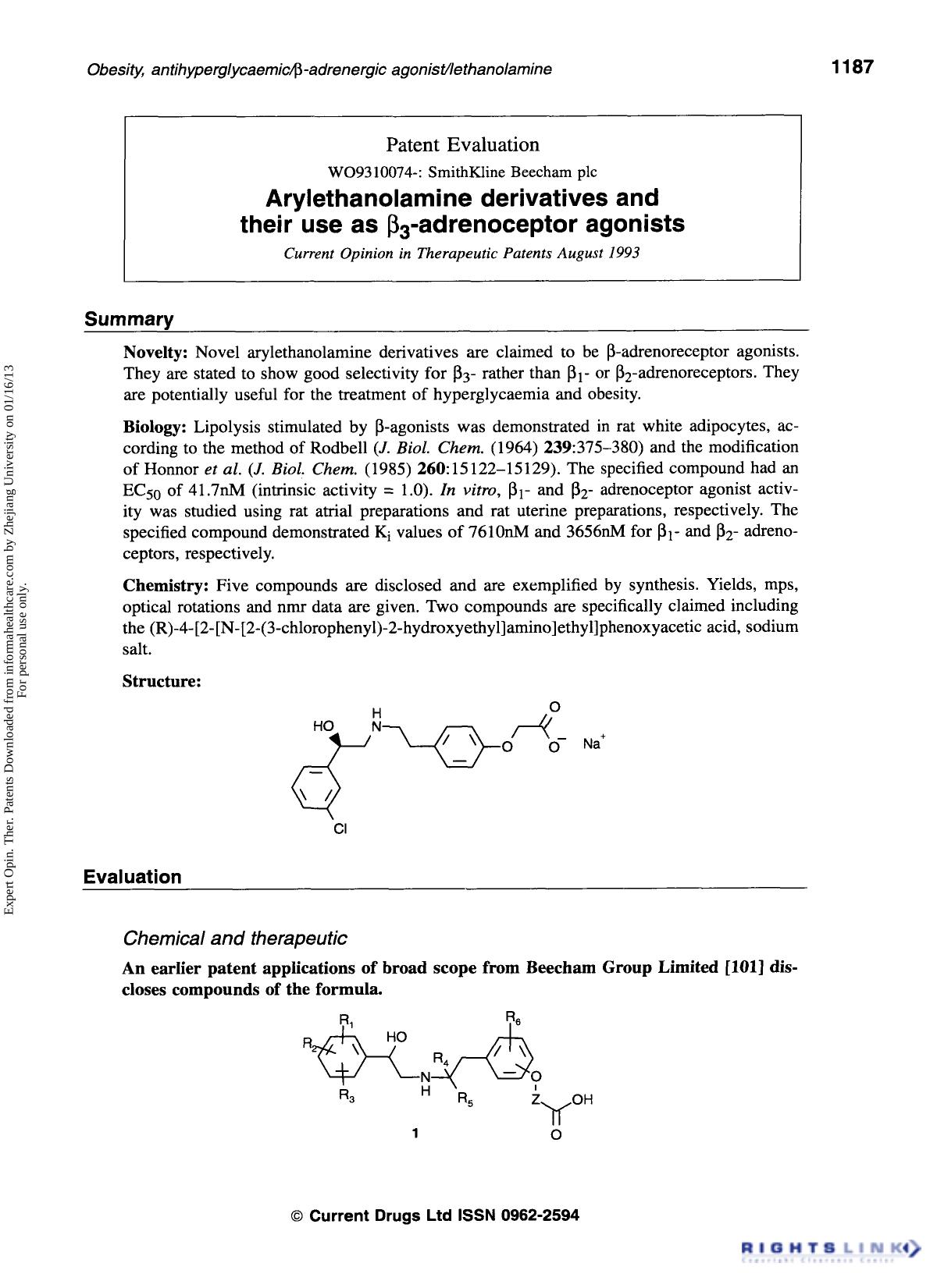 Patent Evaluation: Arylethanolamine derivatives and their use as β3-adrenoceptor agonists by Unknown