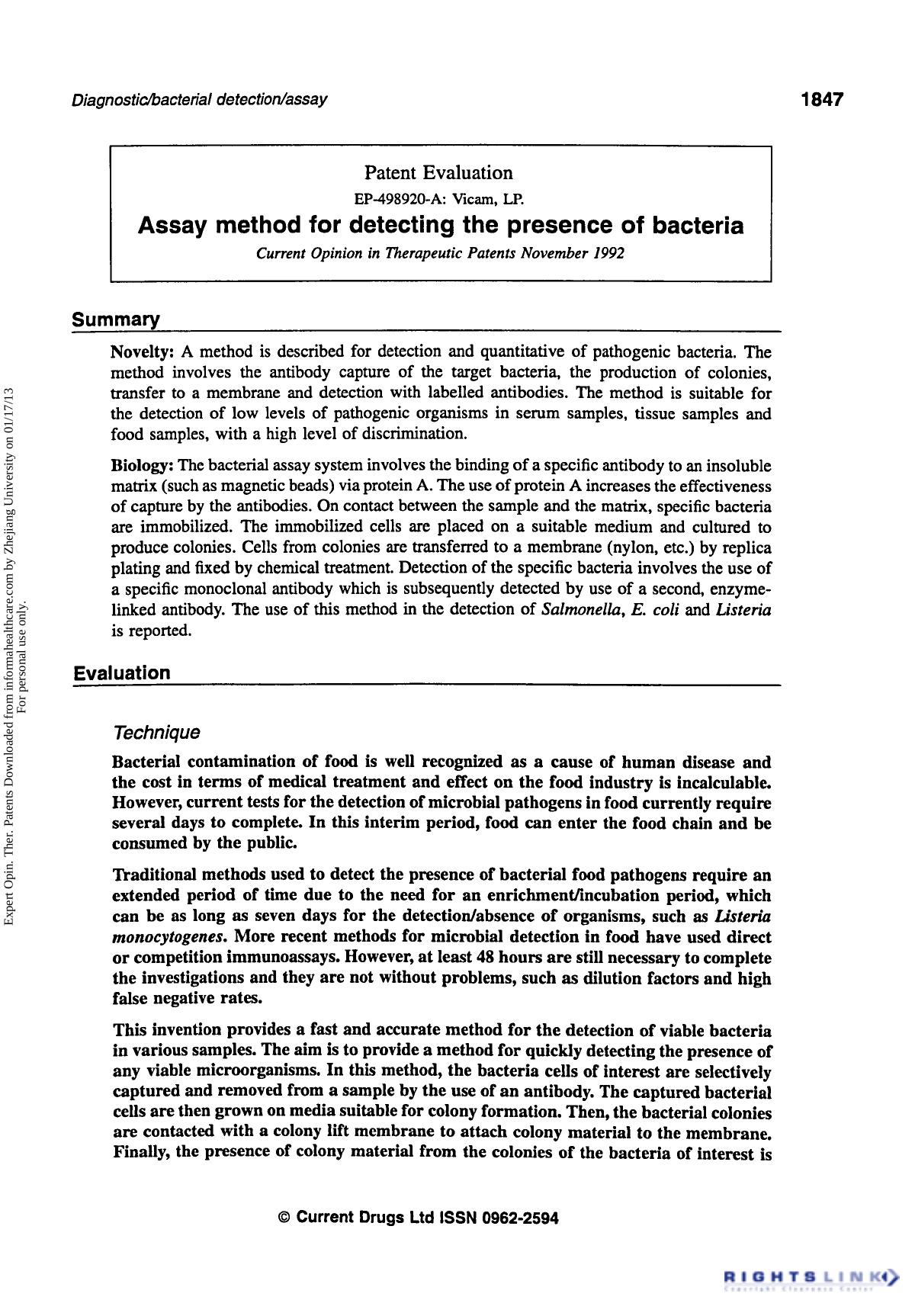 Patent Evaluation: Assay Method for Detecting the Presence of Bacteria by Unknown