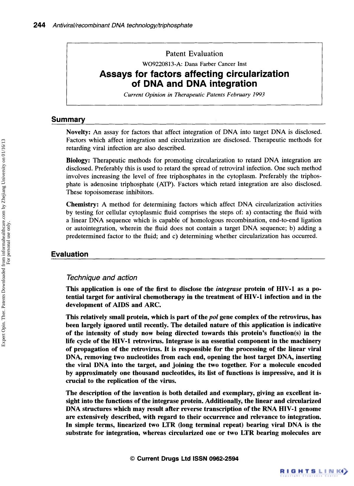 Patent Evaluation: Assays for factors affecting circularization of DNA and DNA integration by Unknown