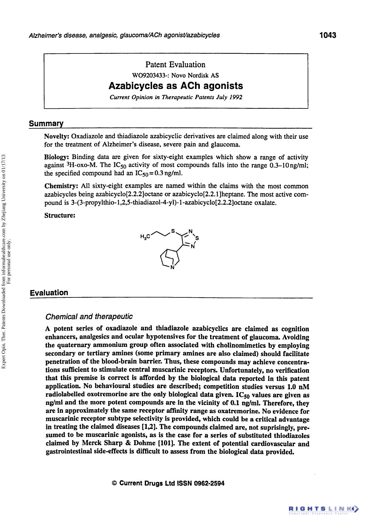 Patent Evaluation: Azabicycles as ACh Agonists by Unknown