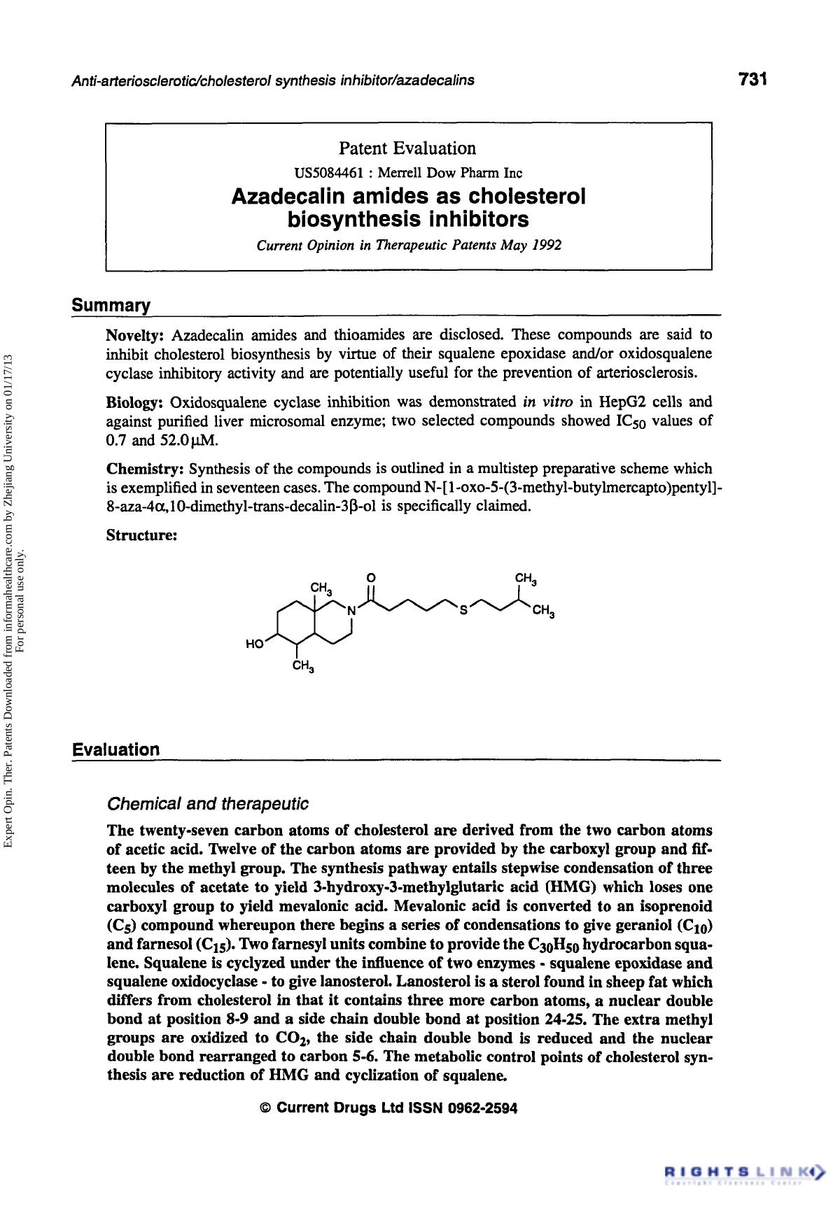 Patent Evaluation: Azadecalin Amides as Cholesterol Biosynthesis Inhibitors by Unknown