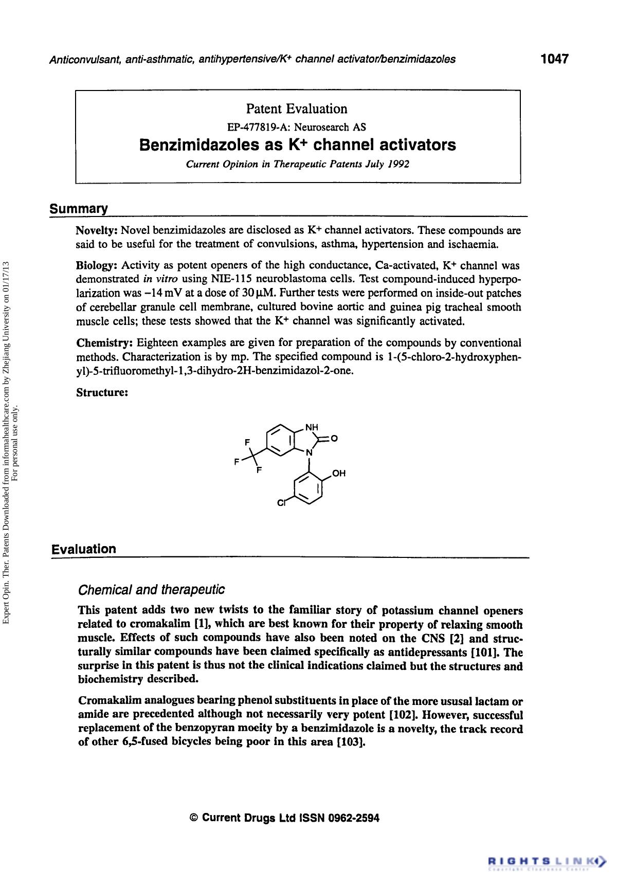Patent Evaluation: Benzimidazoles as K+ channel activators by Unknown