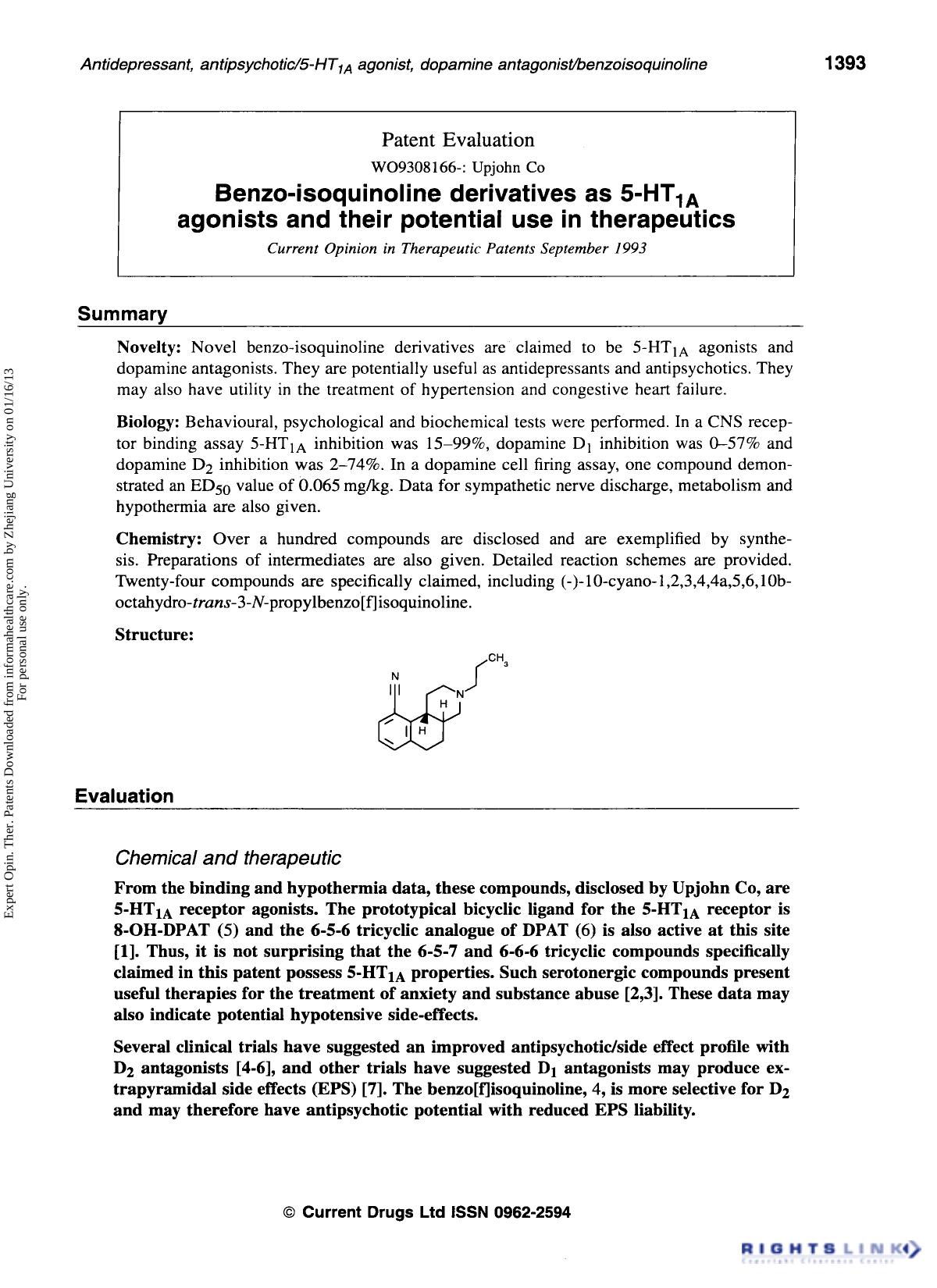 Patent Evaluation: Benzo-isoquinoline derivatives as 5-HT1A agonists and their potential use in therapeutics by Unknown
