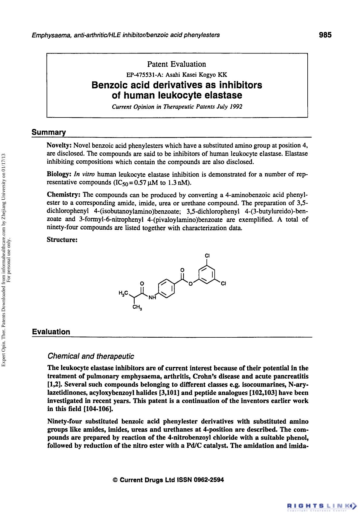 Patent Evaluation: Benzoic Acid Derivatives as Inhibitors of Human Leukocyte Elastase by Unknown