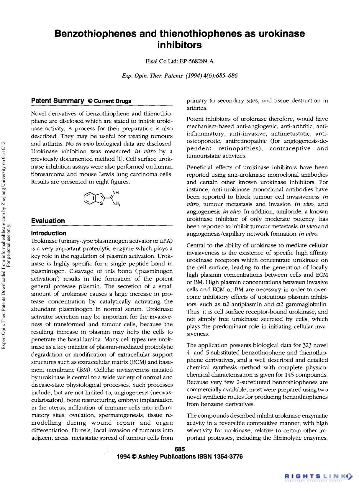 Patent Evaluation: Benzothiophenes and thienothiophenes as urokinase inhibitors by Unknown