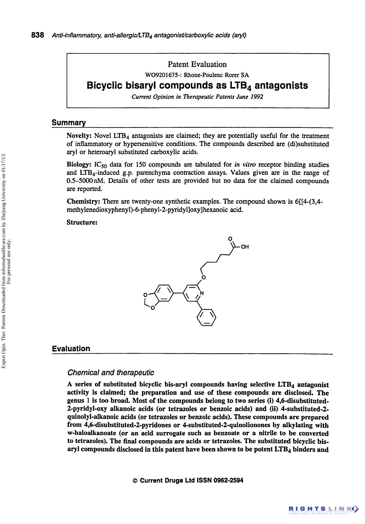 Patent Evaluation: Bicyclic Bisaryl Compounds as LTB4 Antagonists by Unknown