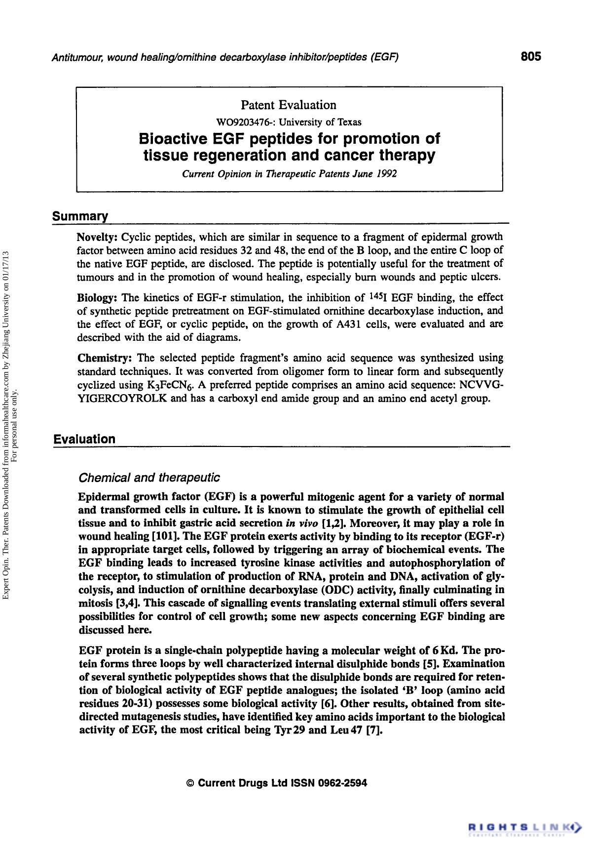 Patent Evaluation: Bioactive EGF Peptides for Promotion of Tissue Regeneration and Cancer Therapy by Unknown