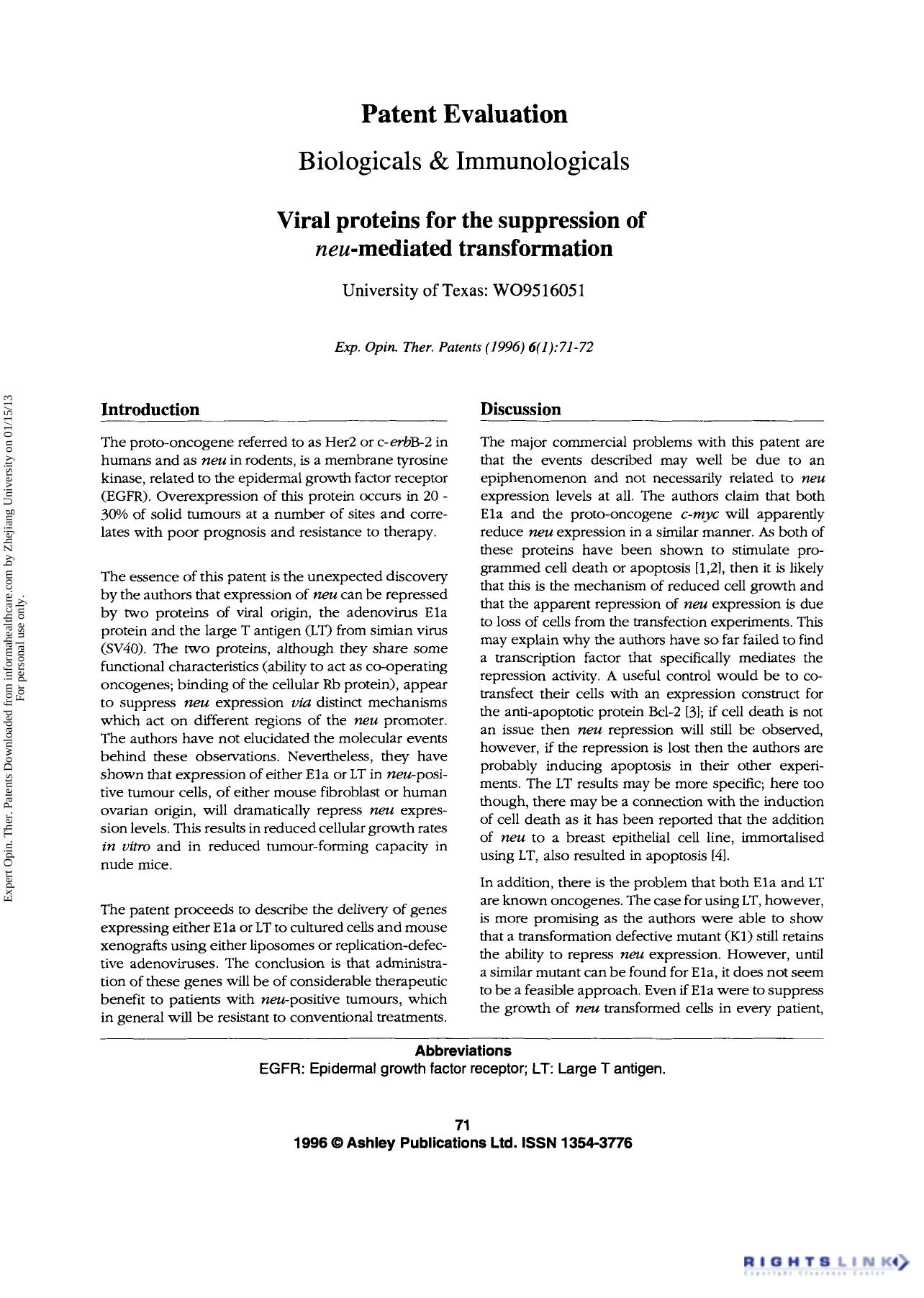 Patent Evaluation: Biologicals & Immunologicals: Viral proteins for the suppression of neu-mediated transformation by Unknown