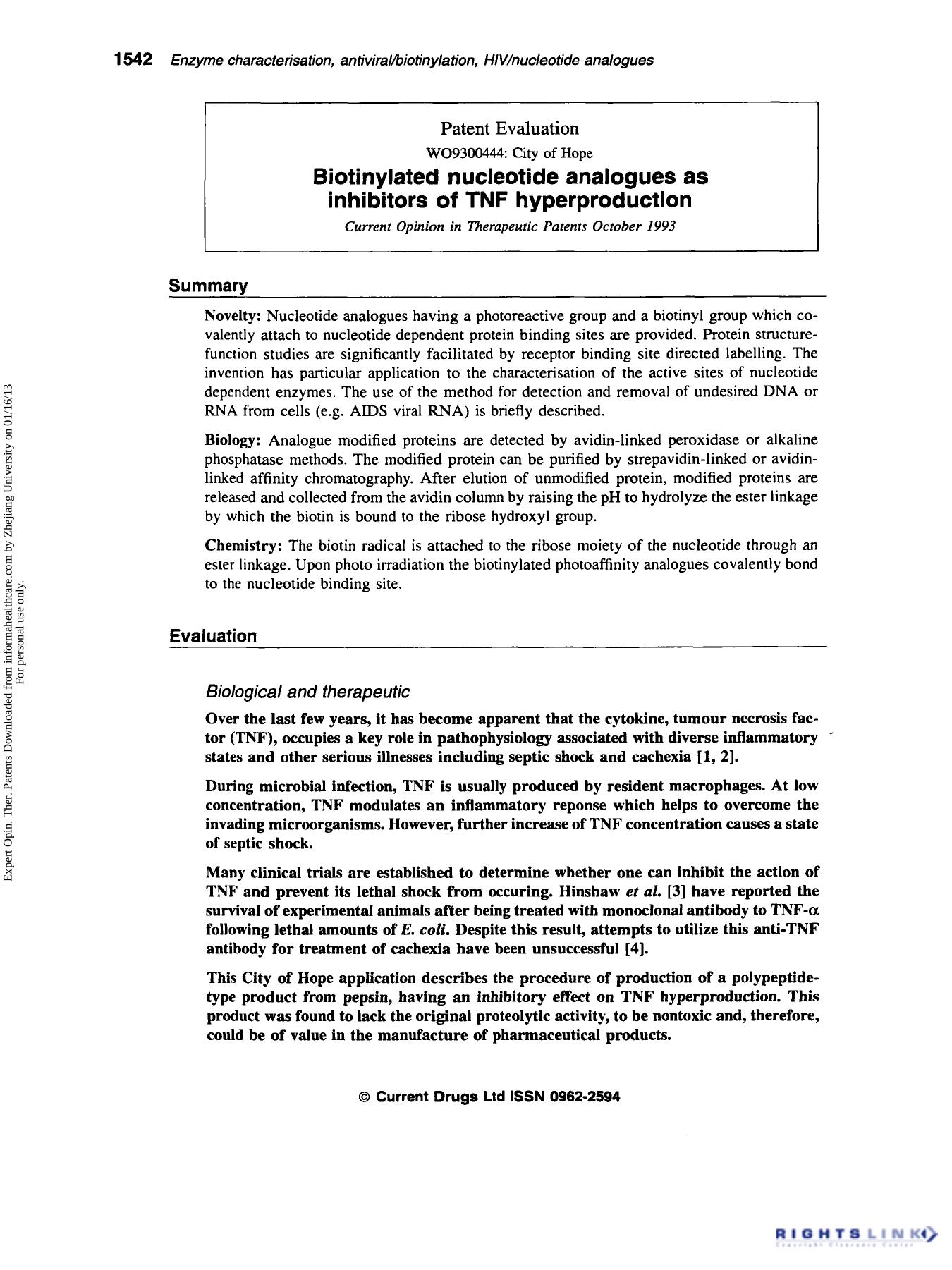 Patent Evaluation: Biotinylated nucleotide analogues as inhibitors of TNF hyperproduction by Unknown