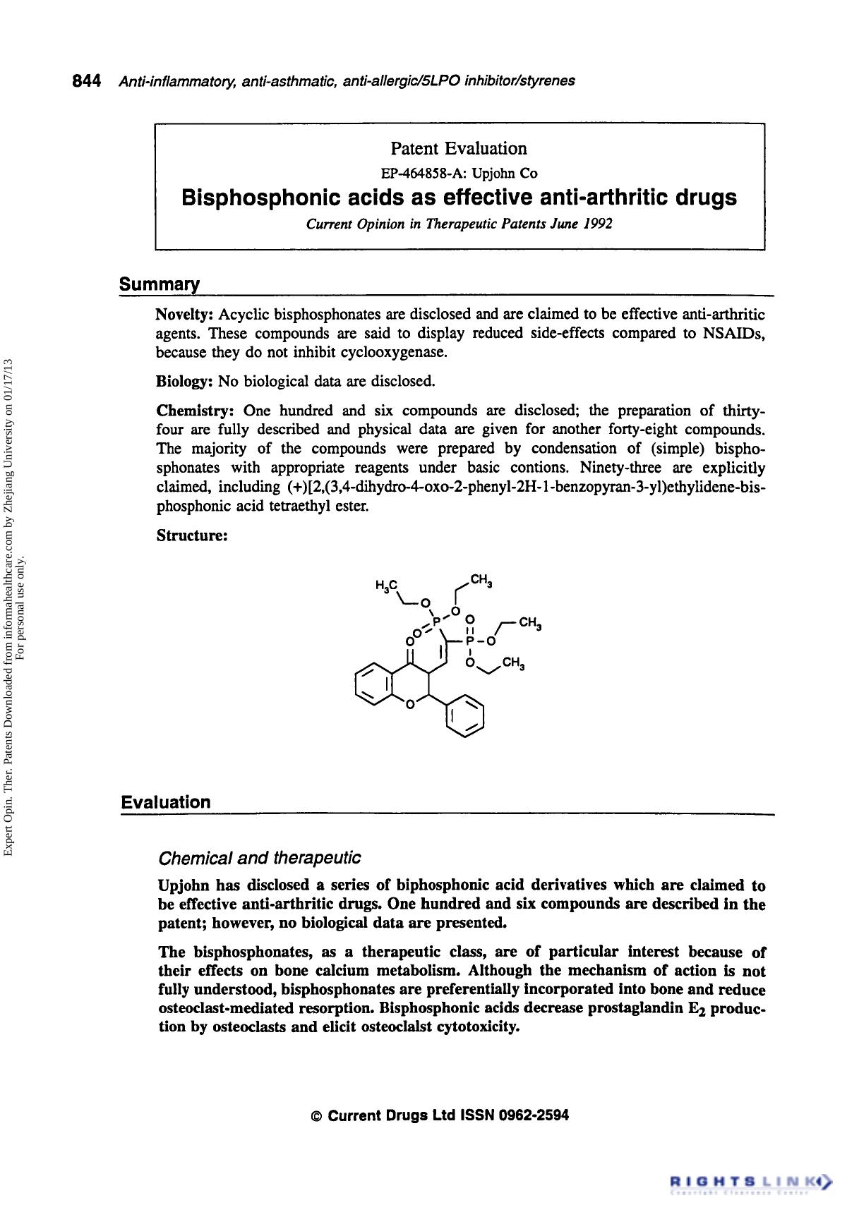 Patent Evaluation: Bisphosphonic Acids as Effective Anti-Arthritic Drugs by Unknown