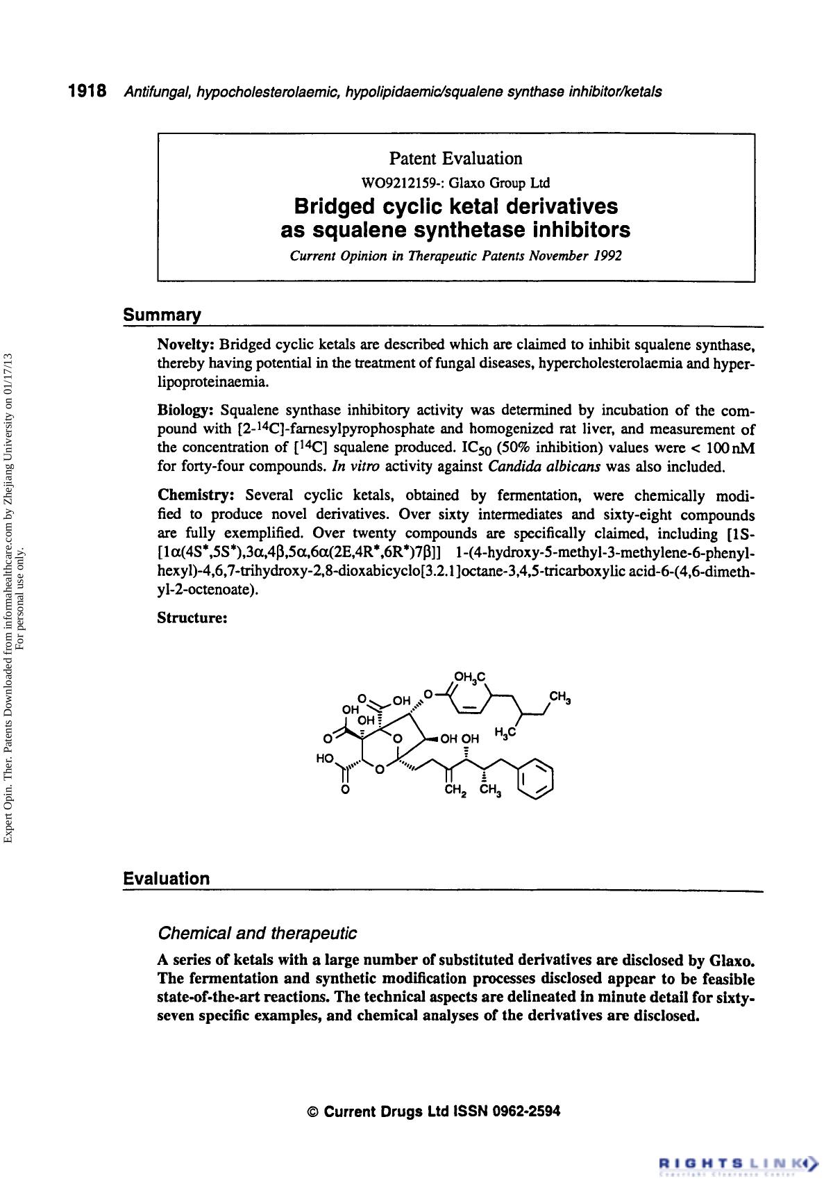 Patent Evaluation: Bridged Cyclic Ketal Derivatives as Squalene Synthetase Inhibitors by Unknown