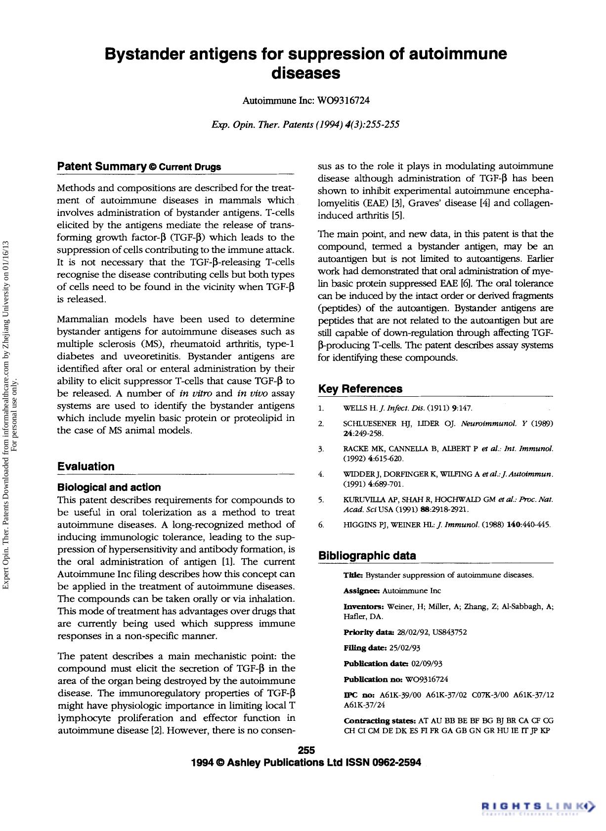 Patent Evaluation: Bystander antigens for suppression of autoimmune diseases by Unknown