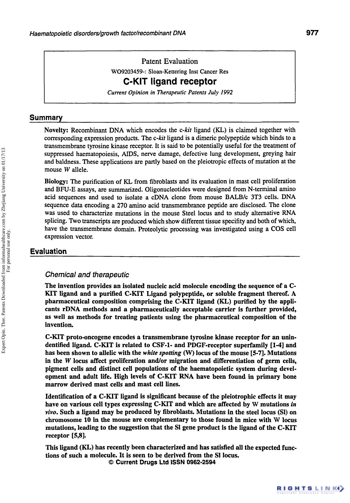 Patent Evaluation: C-KIT Ligand Receptor by Unknown