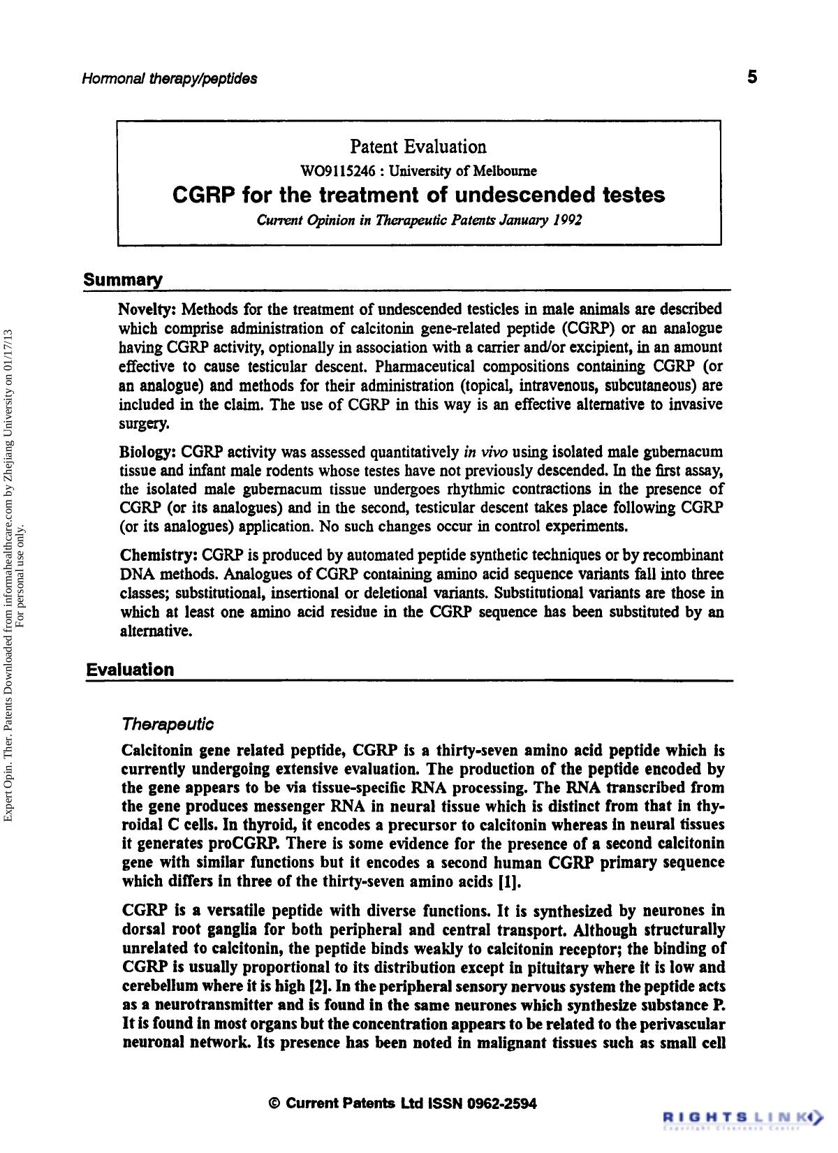 Patent Evaluation: CGRP for the Treatment of Undescended Testes by Unknown