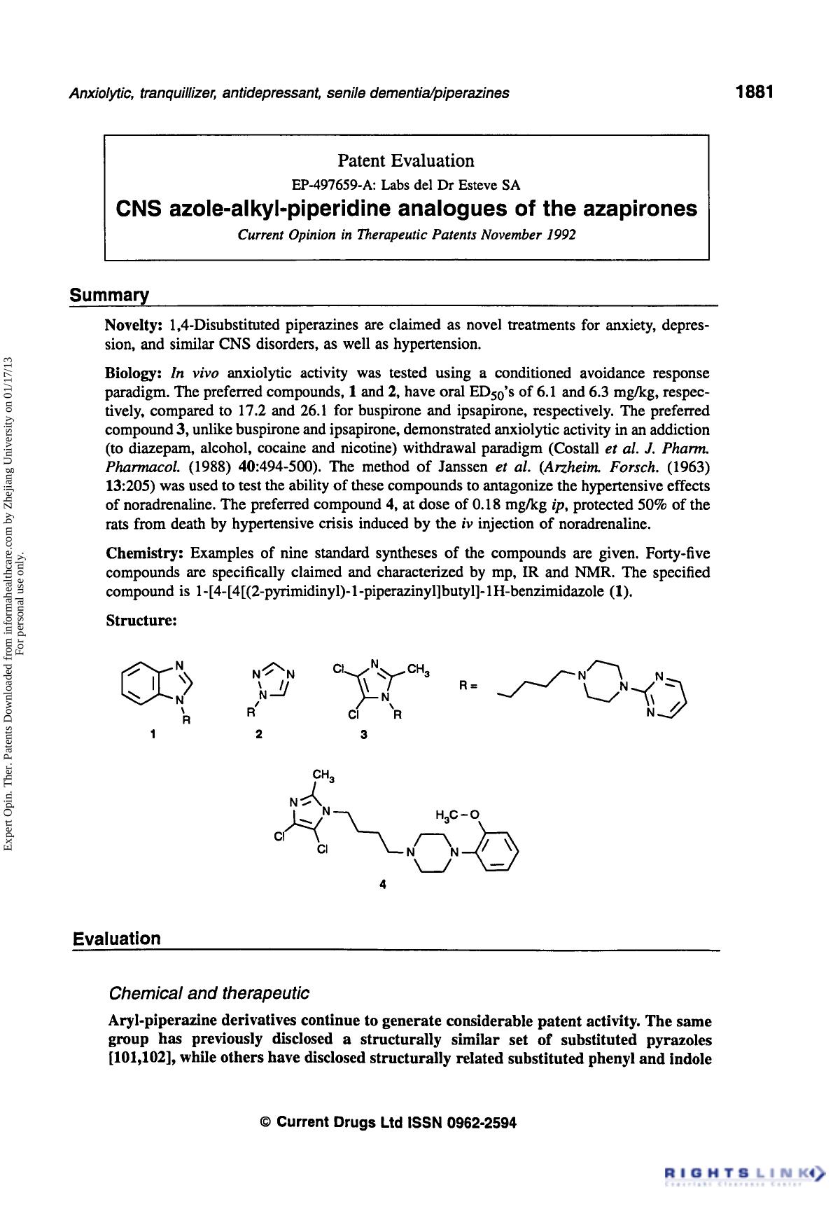 Patent Evaluation: CNS Azole-Alkyl-Piperidine Analogues of the Azapirones by Unknown