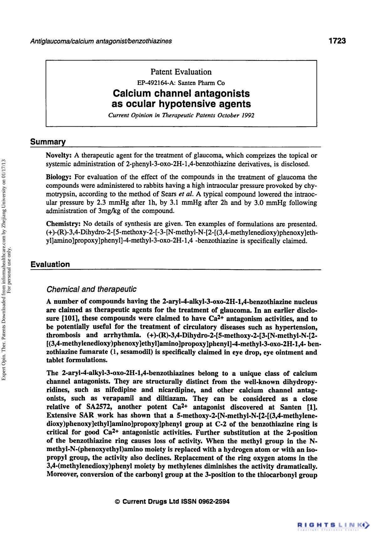 Patent Evaluation: Calcium Channel Antagonists as Ocular Hypotensive Agents by Unknown