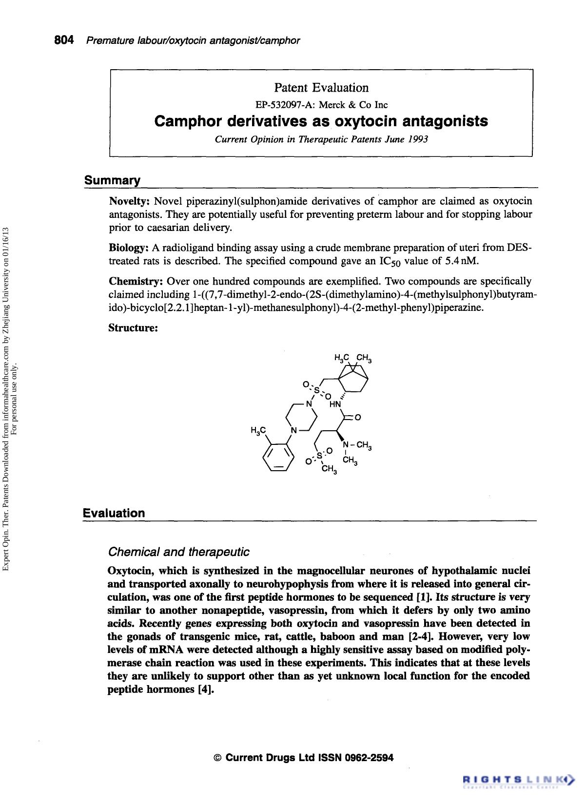 Patent Evaluation: Camphor derivatives as oxytocin antagonists by Unknown