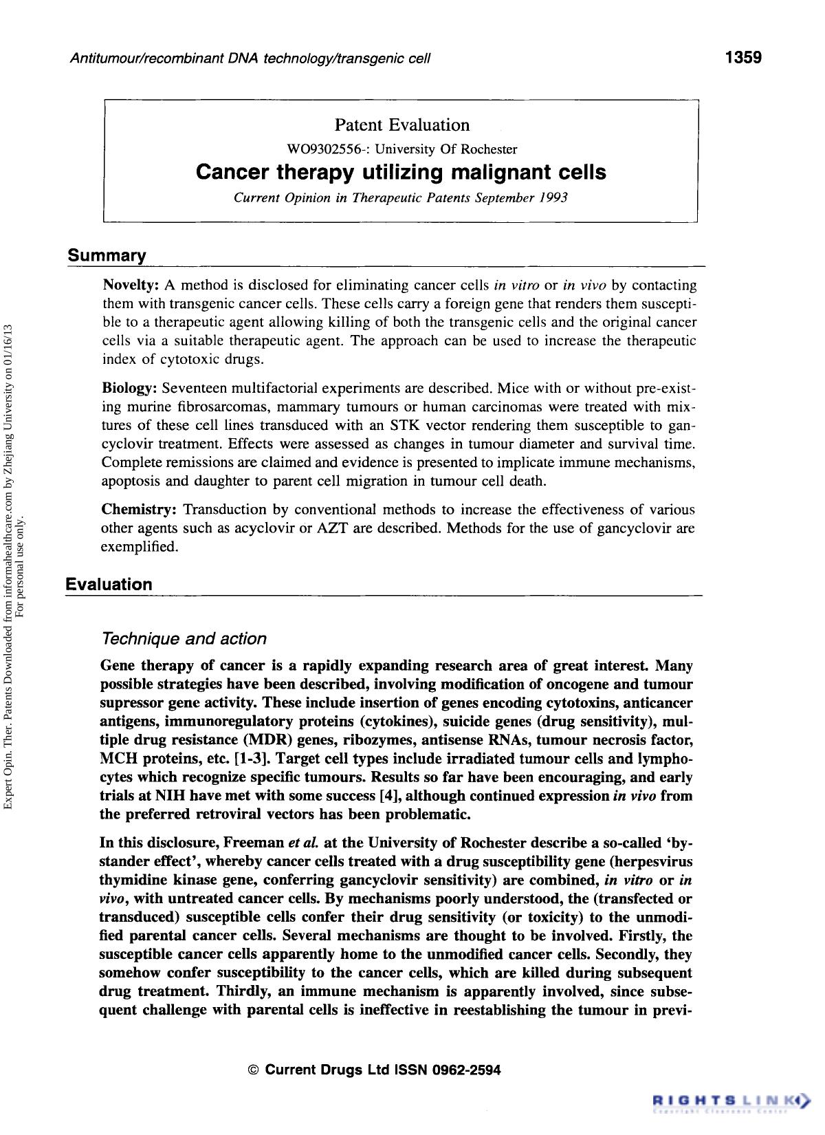 Patent Evaluation: Cancer therapy utilizing malignant cells by Unknown