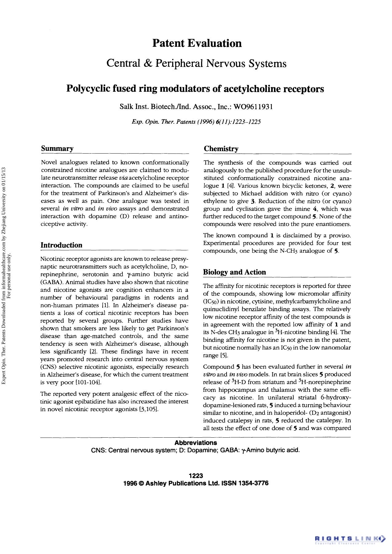 Patent Evaluation: Central & Peripheral Nervous Systems: Polycyclic fused ring modulators of acetylcholine receptors by Unknown