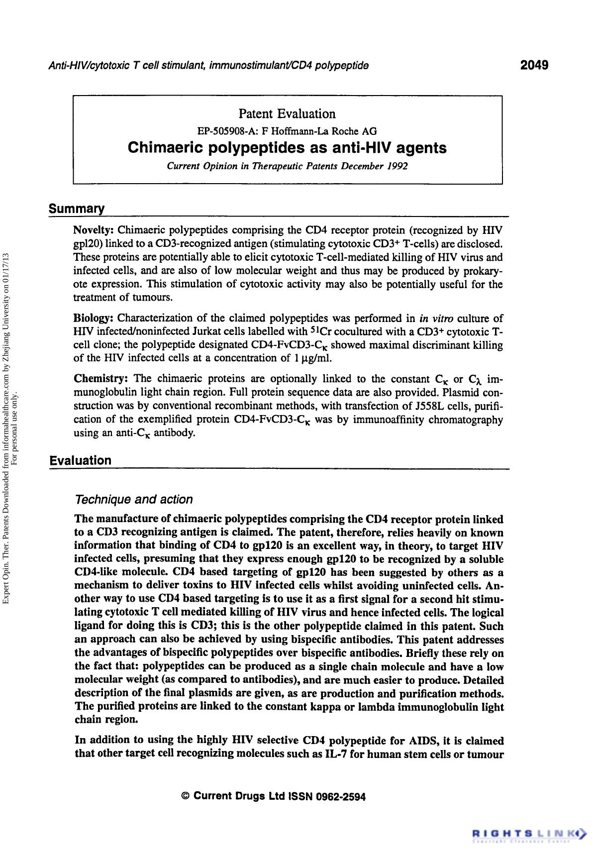 Patent Evaluation: Chimaeric Polypeptides as Anti-HIV Agents by Unknown
