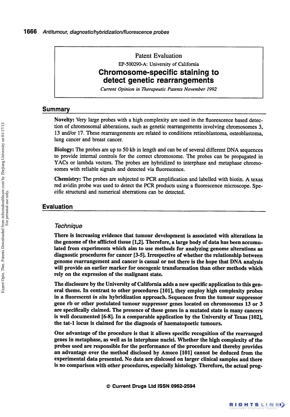 Patent Evaluation: Chromosome-Specific Staining to Detect Genetic Rearrangements by Unknown