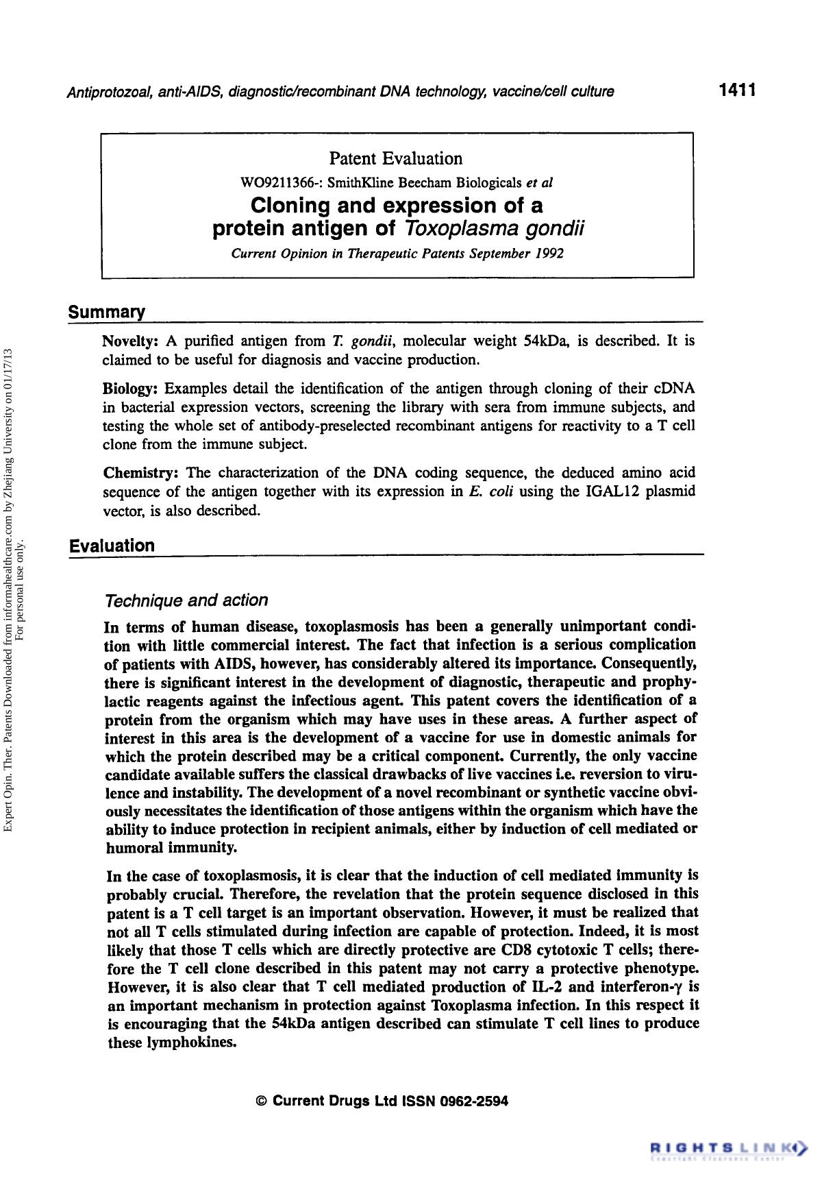 Patent Evaluation: Cloning and Expression of a Protein Antigen of Toxoplasma Gondii by Unknown