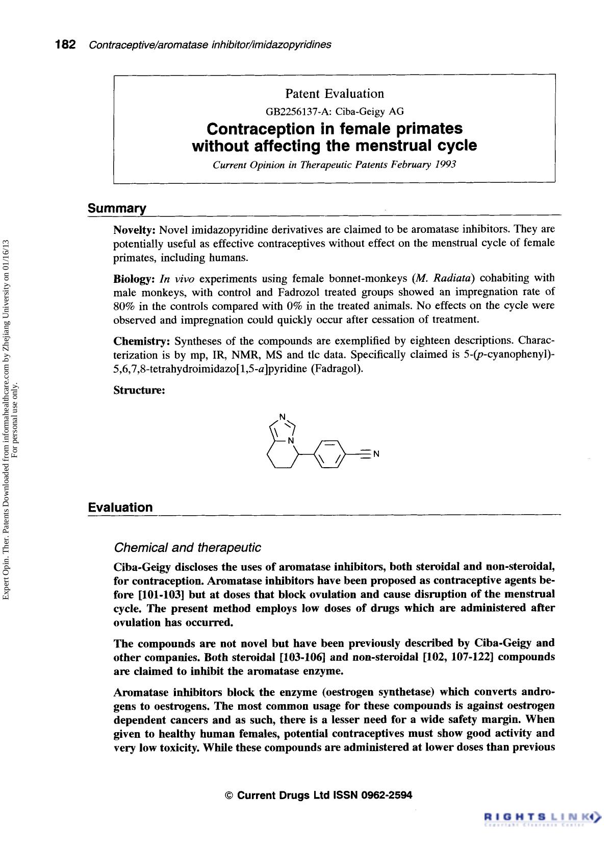 Patent Evaluation: Contraception in female primates without affecting the menstrual cycle by Unknown