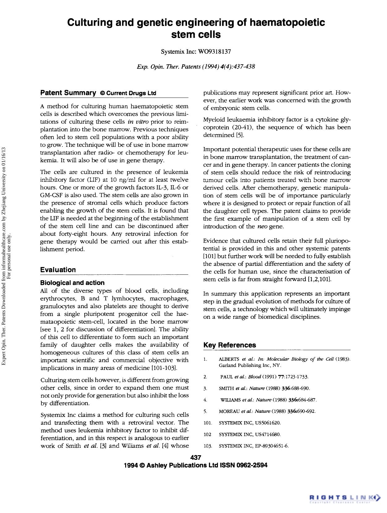 Patent Evaluation: Culturing and genetic engineering of haematopoietic stem cells by Unknown