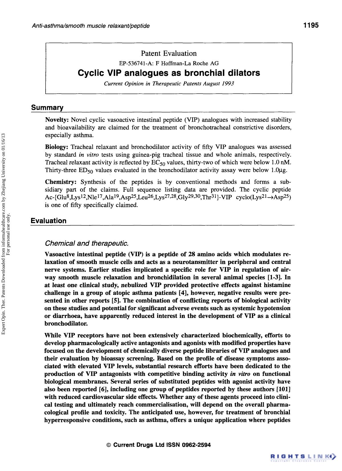 Patent Evaluation: Cyclic VIP analogues as bronchial dilators by Unknown