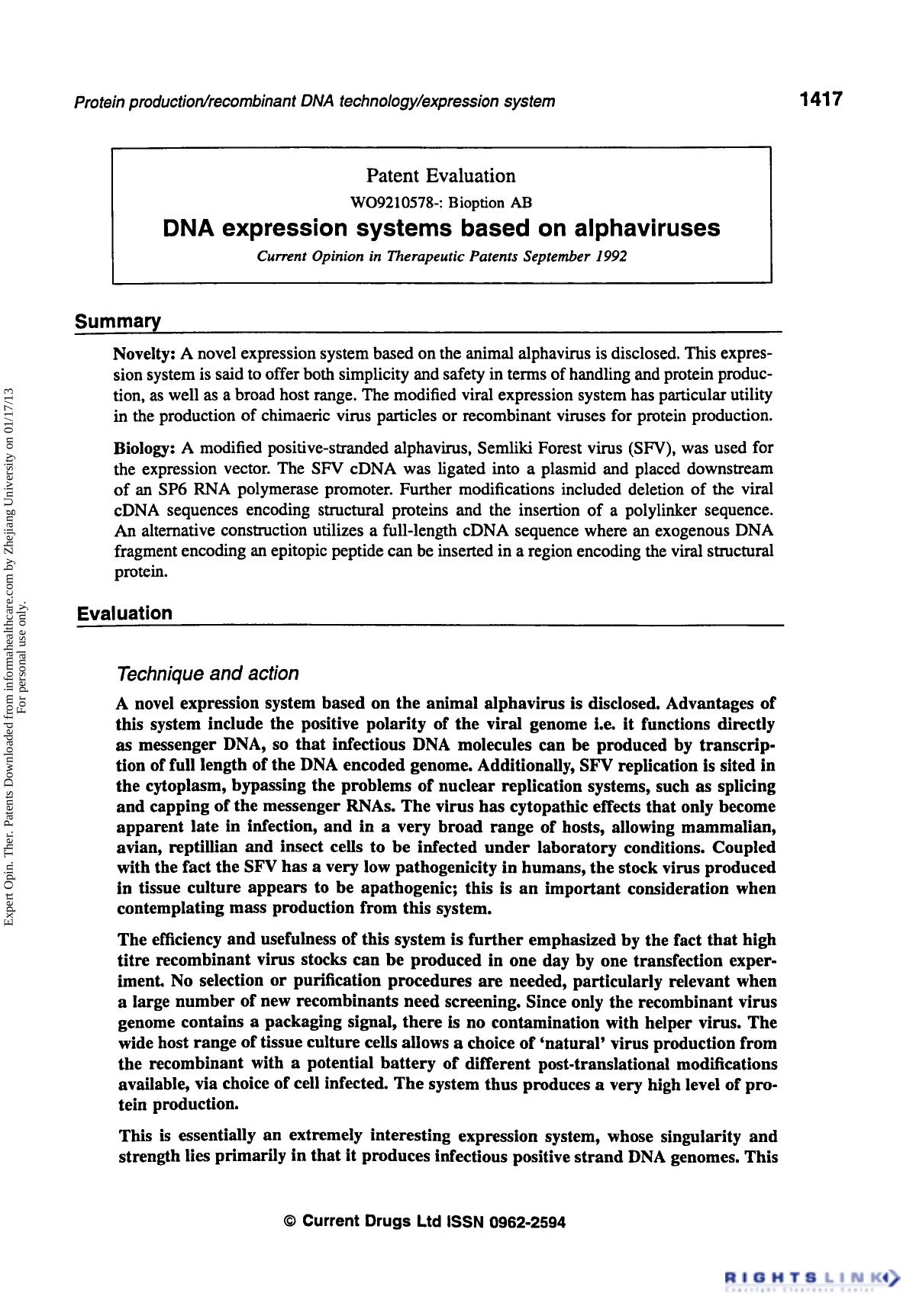 Patent Evaluation: DNA Expression Systems Based on Alphaviruses by Unknown